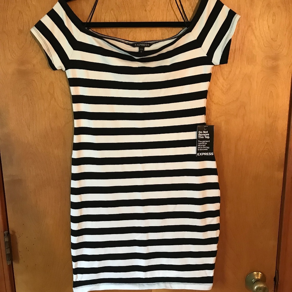 Express Black and White Striped Off-Shoulder Bodycon Dress